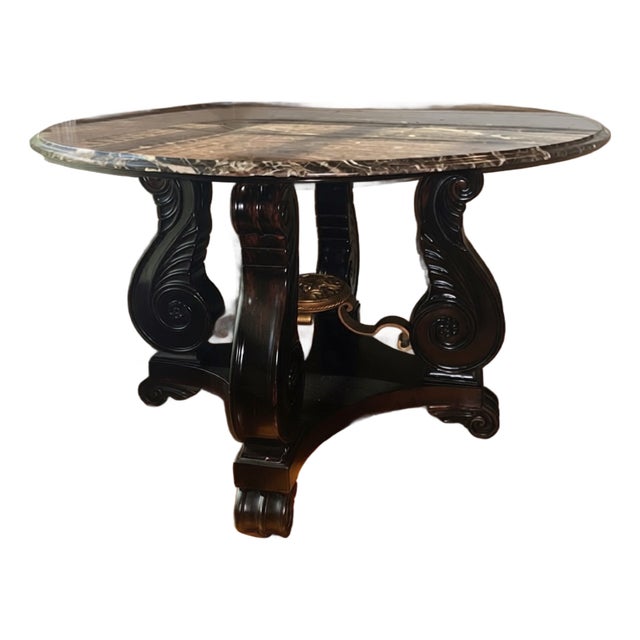 Bernhardt Marble Top Center/Foyer Table – 48" Round – Carved Designer Base For Sale