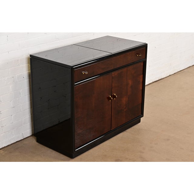 Henredon 1980s Milo Baughman Style Modern Art Deco Burl Wood Bar Cabinet by Henredon For Sale - Image 4 of 16