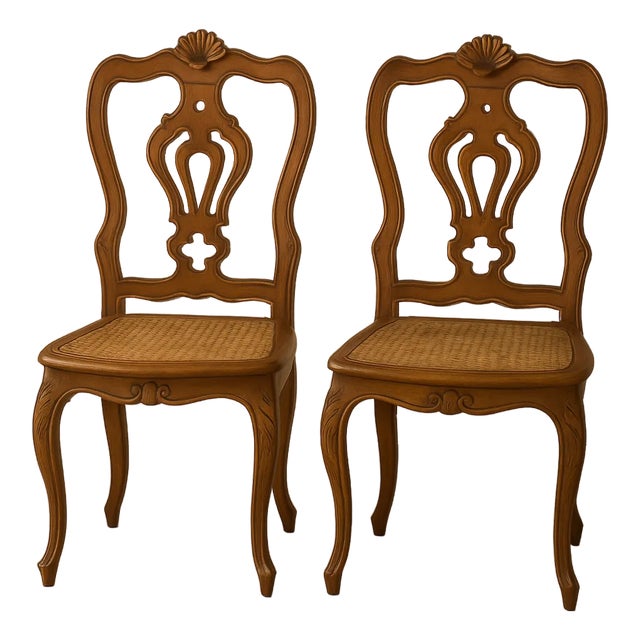 Antique Italian Carved Walnut Caned Side Chairs – Set of 2 – Hand-Carved Rococo/Baroque Revival – Made in Italy For Sale