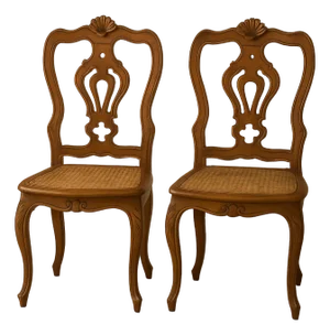 Antique Italian Carved Walnut Caned Side Chairs – Set of 2 – Hand-Carved Rococo/Baroque Revival – Made in Italy