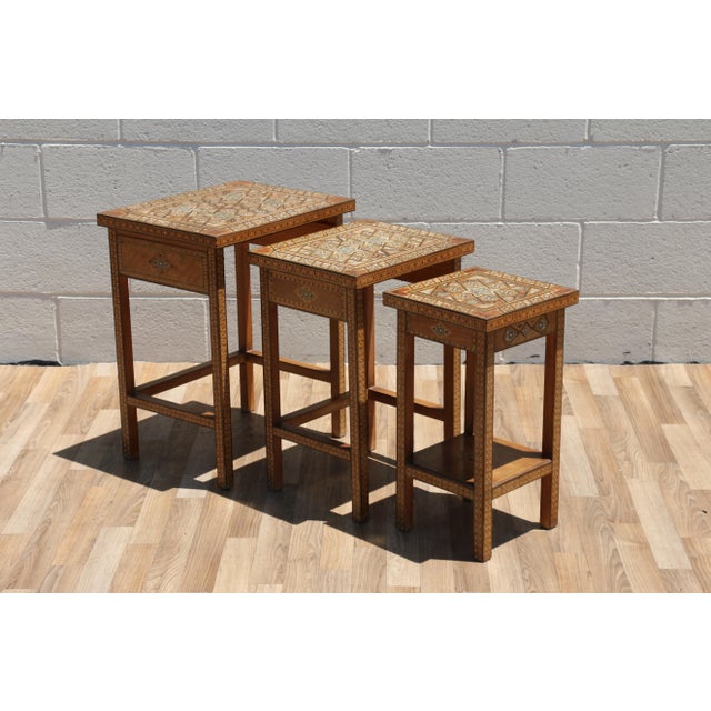Vintage Moroccan Inlaid Nesting Tables | Moorish Geometric Side Tables Set of 3 For Sale - Image 15 of 18