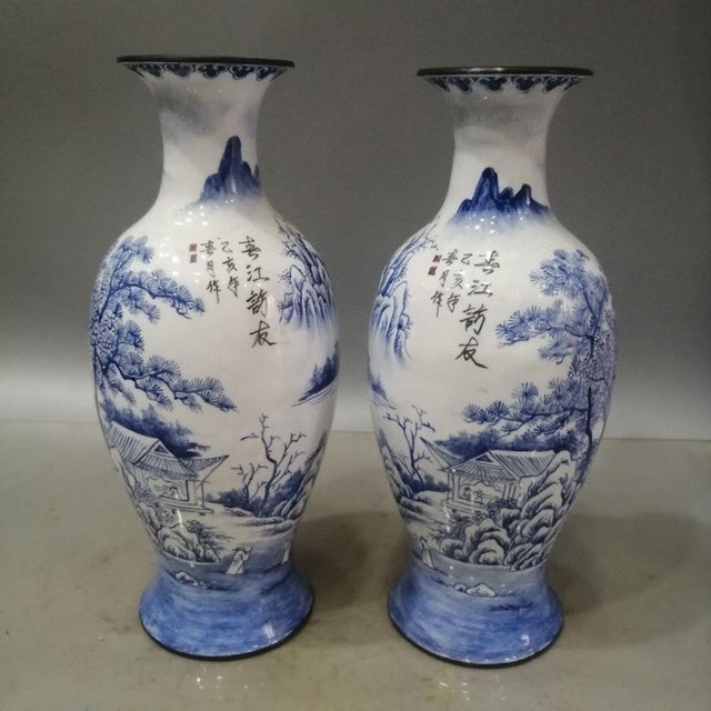 Pair of Vintage Chinese Cloisonné Vases | Blue & White Landscape Scene With Calligraphy For Sale - Image 4 of 9