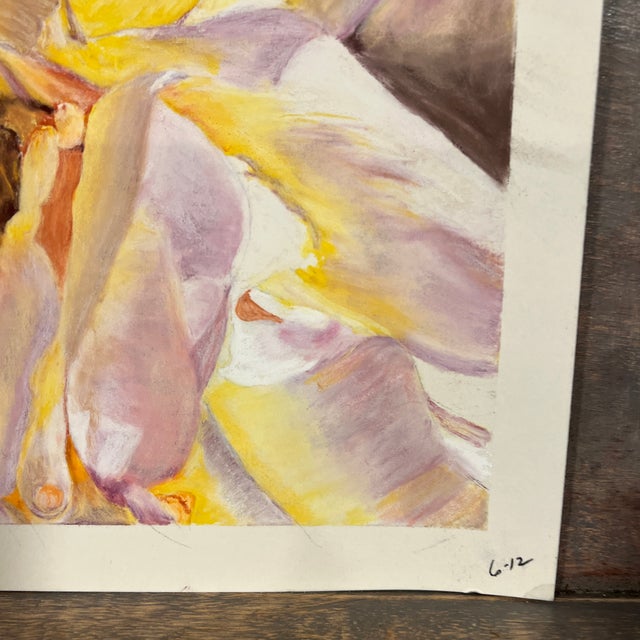 Mid-Century Modern 1990s Original Signed Oil Pastel Floral – Pink, Yellow & White Flower, Unknown Artist For Sale - Image 3 of 7