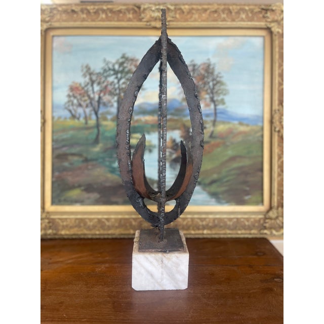 Brutalist Possibly Welded Steel Abstract Sculpture Candle Holder on Likely White Marble Base, 1960s Modernist Art Object. For Sale - Image 4 of 8