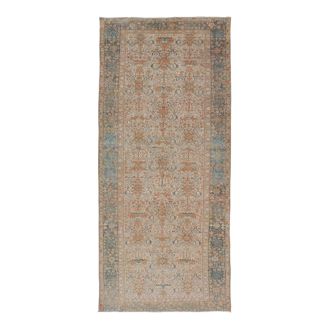 Antique Persian Gallery Heriz Rug With Geometric Design in Copper and Blue 5'1 X 12'3 For Sale