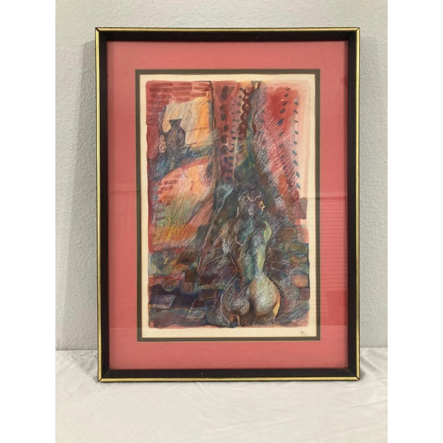 Abstract 1970s Original Abstract Nude – Framed Expressionist Watercolor & Pastel on Paper For Sale - Image 3 of 3