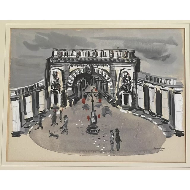 PALM BEACH ESTATE FIND!! Lovely Watercolor of a bustling Parisian square with triumphal arch in the background. Black,...