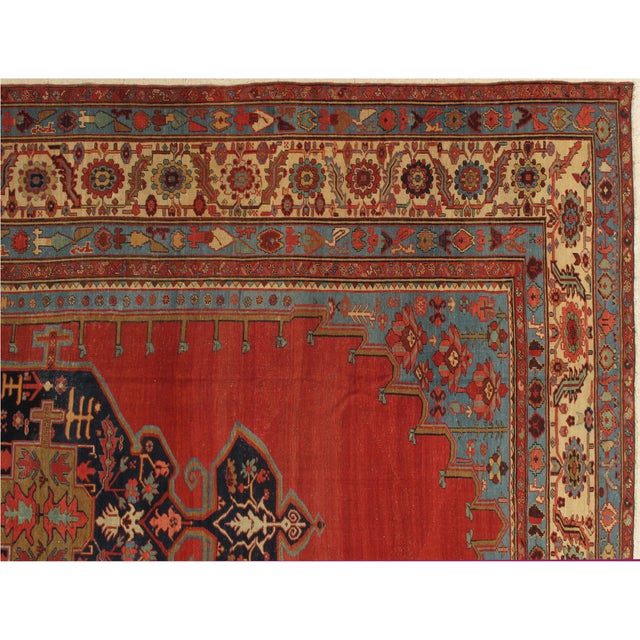 Antique Bakshaish Carpet, Oriental Persian Handmade in Ivory, Blue and Red For Sale - Image 14 of 18
