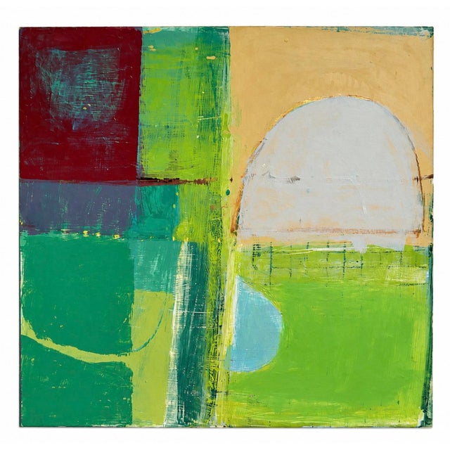 Light Green Colorful Mid-Century Abstract Painting on Board, 30” X 30” For Sale - Image 8 of 8
