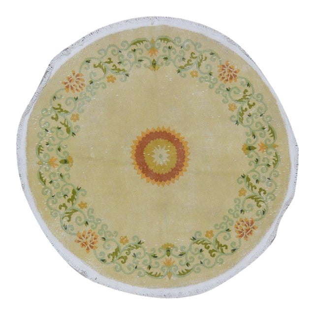 Vintage Chinese Art Deco Knotted Wool Rug, 4'9'' Round For Sale