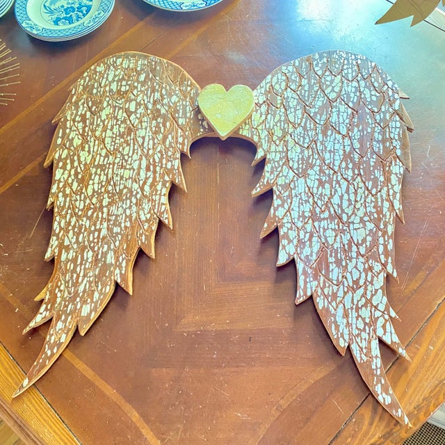Rustic European Carved Angel Wings With Heart Wall Hanging Made by Folk Artist With Antique Wood For Sale - Image 3 of 7