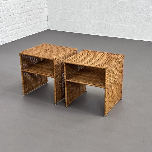Pair of side tables or bedside tables from the 60s - 70s dressed in woven wicker