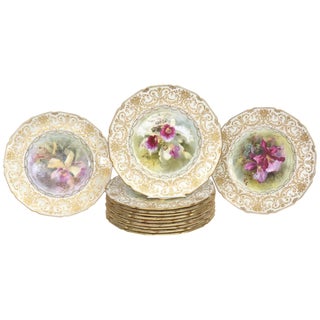 Set of 12 Orchid Presentation Plates, Ornate and Gilded For Sale