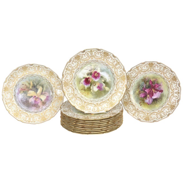 Set of 12 Orchid Presentation Plates, Ornate and Gilded For Sale
