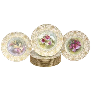 Set of 12 Orchid Presentation Plates, Ornate and Gilded