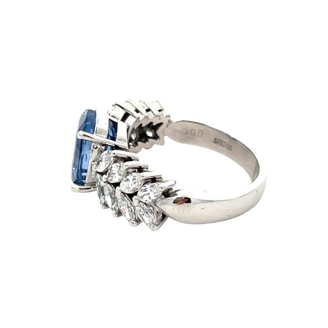 Early 21st Century Platinum 3.40 Carat Weight Natural Sapphire & 0.98 CTW Marquise Diamond Ring, Size 4.5 For Sale - Image 5 of 10