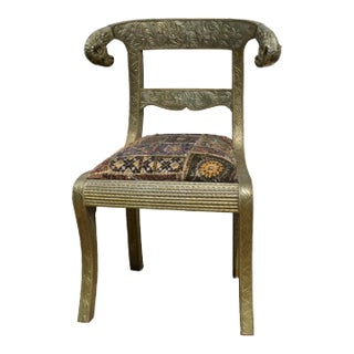 Metal Clad Rams Head Side Chair Anglo Indian Regency Repousse Vintage For Sale