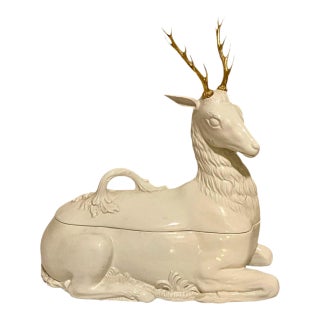 Vintage Mottahedeh Majestic Stag or Reindeer Tureen Holiday Table Decoration or Serving Tureen With Gold Antlers For Sale
