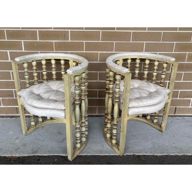 Vintage Hollywood Regency Distressed Cream Washed Spindle Barrel Chairs With Chinese Horseshoe Design, a Pair For Sale - Image 9 of 11