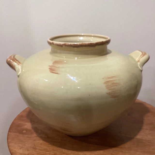 Modern Vintage Mid 20th Century Large Cream Round Sguat Shape Vase With Two Handles For Sale - Image 3 of 13