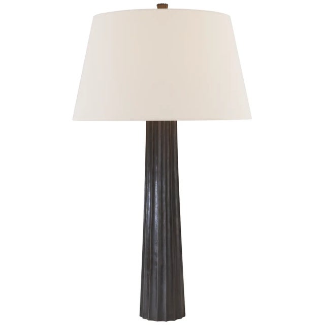 Chapman & Myers by Visual Comfort Signature Fluted Spire Large Cordless Table Lamp in Aged Iron with Linen Shade For Sale