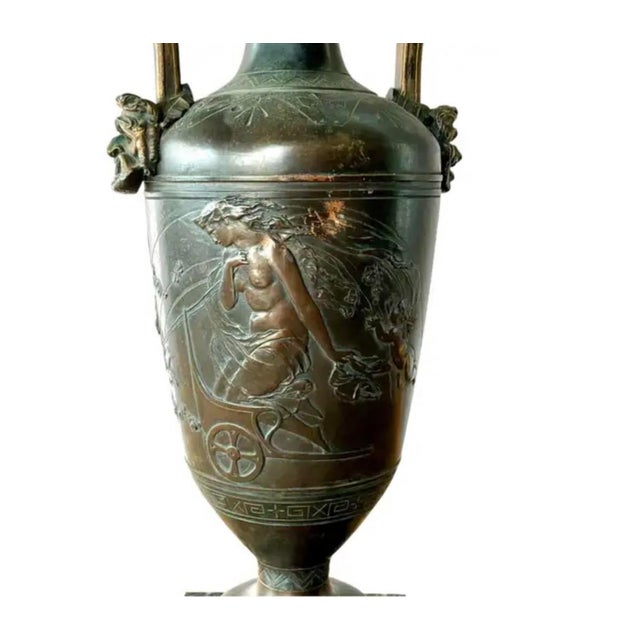 Stone French Neoclassical Patinated Bronze and Marble Urn Vases, a Pair For Sale - Image 7 of 16