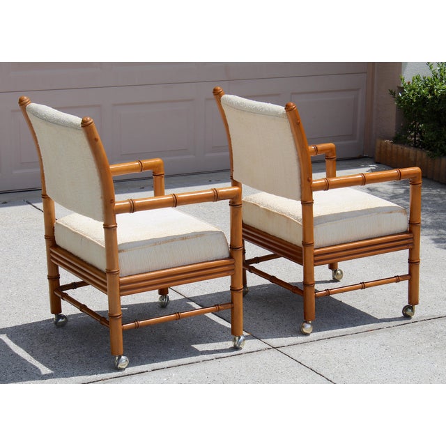 Beige Vintage Faux Bamboo Armchairs on Casters – Pair of Hollywood Regency / Campaign Style Lounge Chairs For Sale - Image 8 of 15