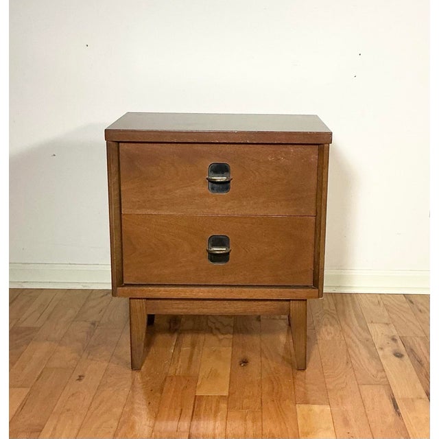 Vintage, Mid-Century Modern, 2 drawer nightstand with brass and black pulls by Bassett Furniture, circa 1960’s.
