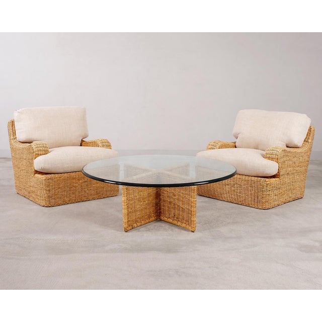 Stunning Italian woven rattan and wicker glass top coffee or cocktail table made in the California coastal organic modern...