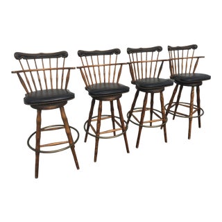 Vintage French Country Style Spindle Upholstered Swivel Stools- a Set of 4 For Sale