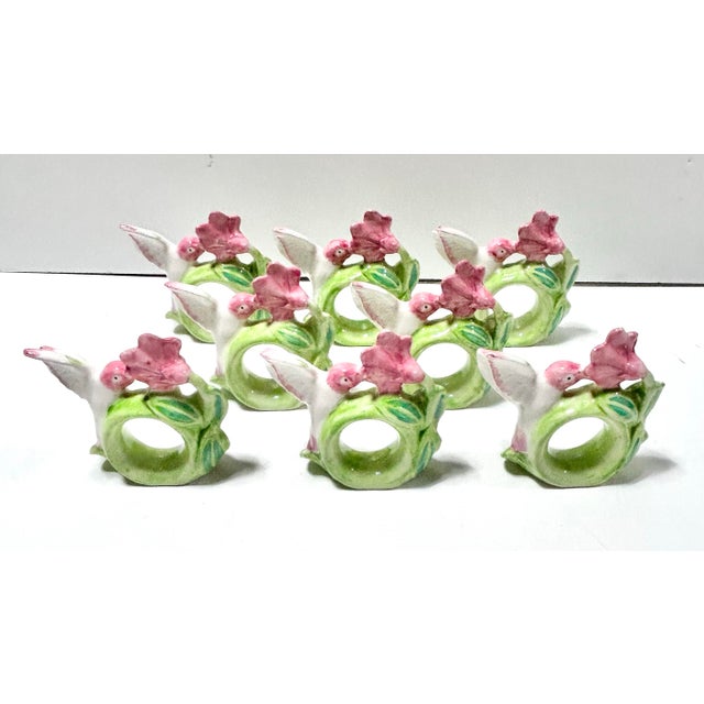 Vintage Spring Hummingbird Napkin Rings – Hand Painted Ceramic Botanical Table Decor, Garden Party Table Setting – Set of 8 For Sale In Louisville - Image 6 of 10