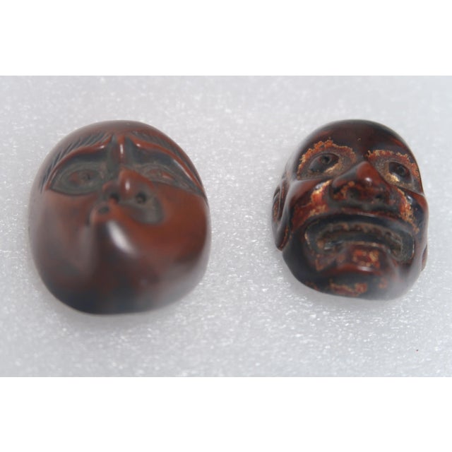 Antique Carved Japanese Wood Mask Netsukes, Signed Deme Joman and Iko For Sale - Image 4 of 10