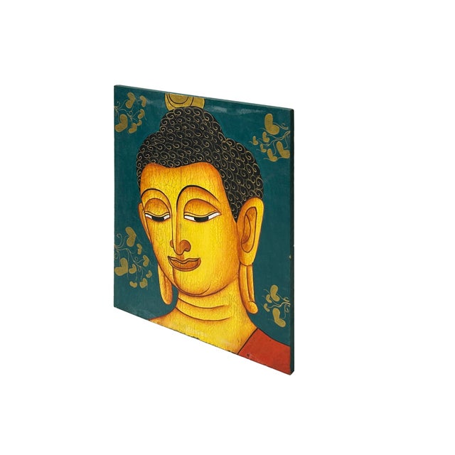 1990s Vintage HandPainted Artistic Buddha Head Wood Plaque Art For Sale - Image 5 of 6