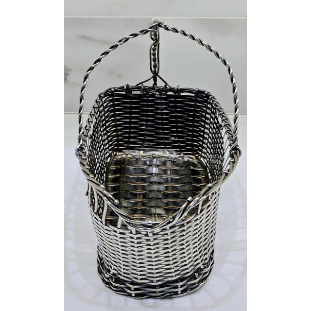 Vintage Handmade Silverplate Wire Wine Basket With Linen Bottle Wrap, French Country Barware For Sale - Image 4 of 10