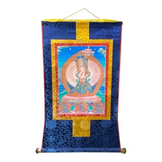 Tibetan Print Fabric Trim Guardian Buddha Deity Art Wall Scroll Thangka For Sale