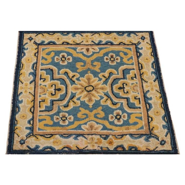 1920s Antique Ningxia Square Rug in Blue With Gold Floral Patterns, From Rug & Kilim For Sale - Image 5 of 7