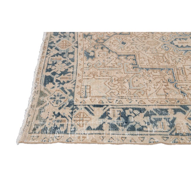 Antique Heriz Shabby Chic Beige and Blue Handmade Wool Rug For Sale - Image 4 of 9