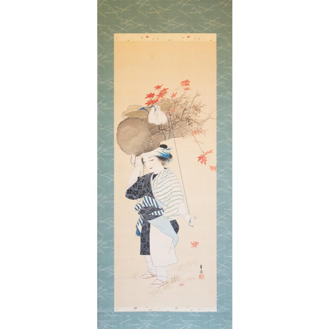 Japanese "Oharame" by Ogata Kaho, Meiji to Taisho Era Japanese Silk Painting in Wooden Case For Sale - Image 3 of 15