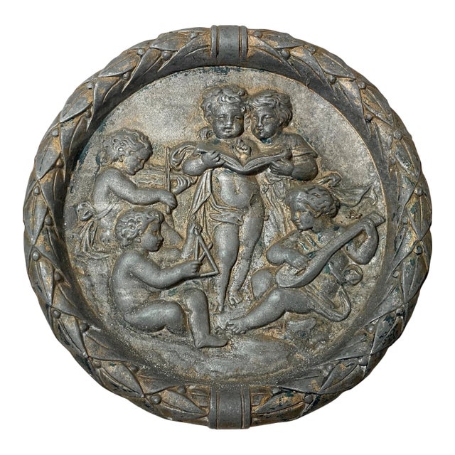 Antique 19th Century Heavy Metal Cherub Putty Figural Circular Relief Plaque Art For Sale