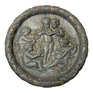 Antique 19th Century Heavy Metal Cherub Putty Figural Circular Relief Plaque Art