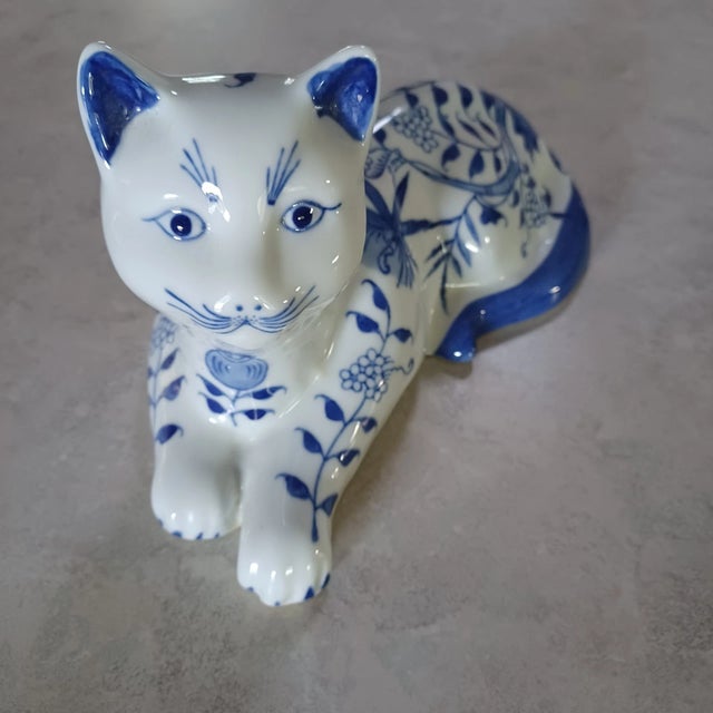 Blue Vintage Blue & White Floral Ceramic Cat Figurine Formalities by Baum Bros For Sale - Image 8 of 8