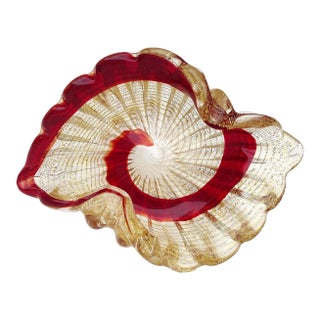 Vintage Murano Barovier Gold Flecks Red Swirl Paint Stroke Italian Art Glass Ribbed Surface Bowl Dish For Sale