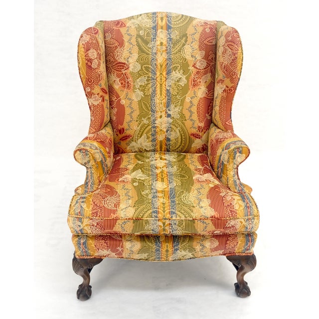 Large Fancy Floral Pattern Uphlstry Fine Carved Ball & Claw Feet Wing Chair MINT