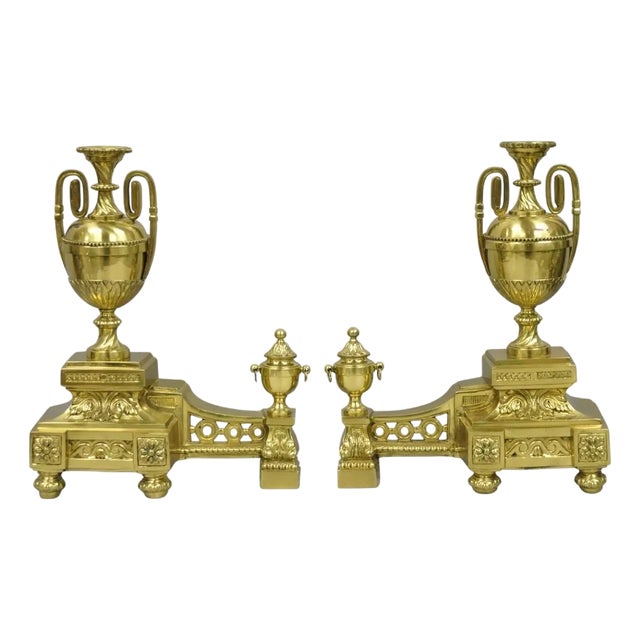 Vintage French Empire Style Gold Brass Urn Fireplace Chenet Andirons - A Pair For Sale
