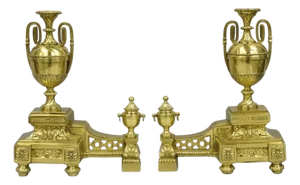 Vintage French Empire Style Gold Brass Urn Fireplace Chenet Andirons - A Pair