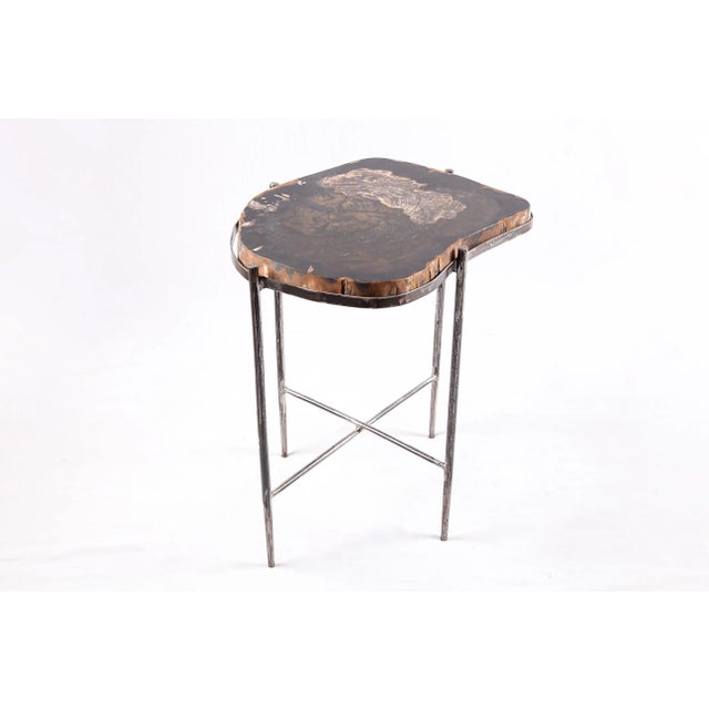 Living Edge Petrified Wood Top W Iron Stand Accent Table or Side Table 50 For Sale - Image 4 of 5