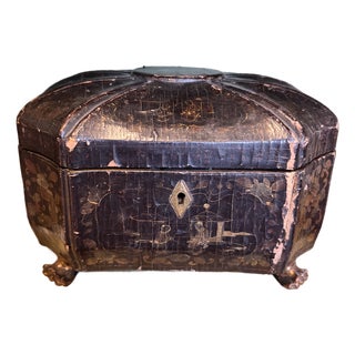 Antique Chinese Export Black Lacquered Heavily Distressed Tea Caddy For Sale