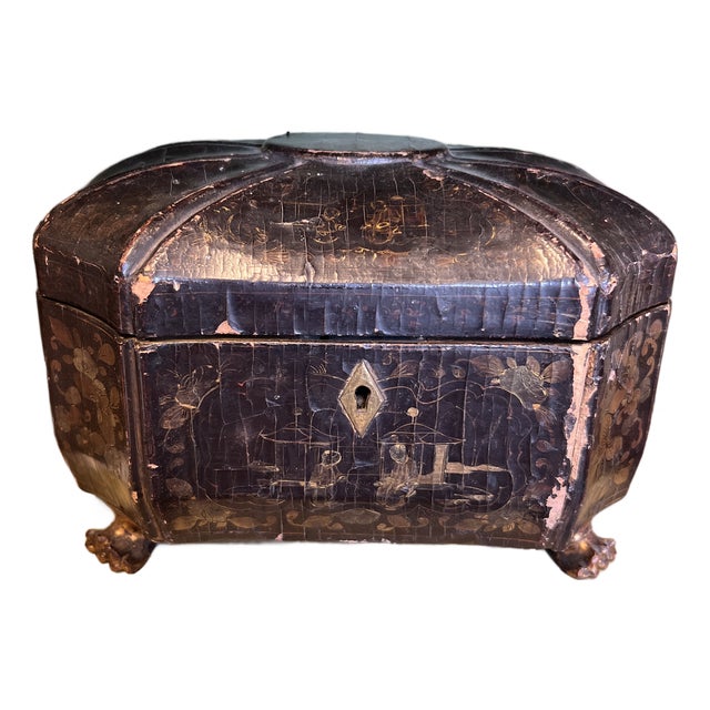 Antique Chinese Export Black Lacquered Heavily Distressed Tea Caddy For Sale
