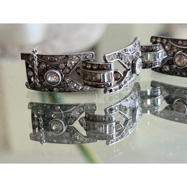 1920s Art Deco 935 Silver Panel Bracelet With Marquise Style Glass Stones For Sale - Image 9 of 13