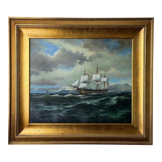 Mid 20th Century Oil on Canvas Painting of French Man-O-War in Gilt Frame, Unsigned For Sale